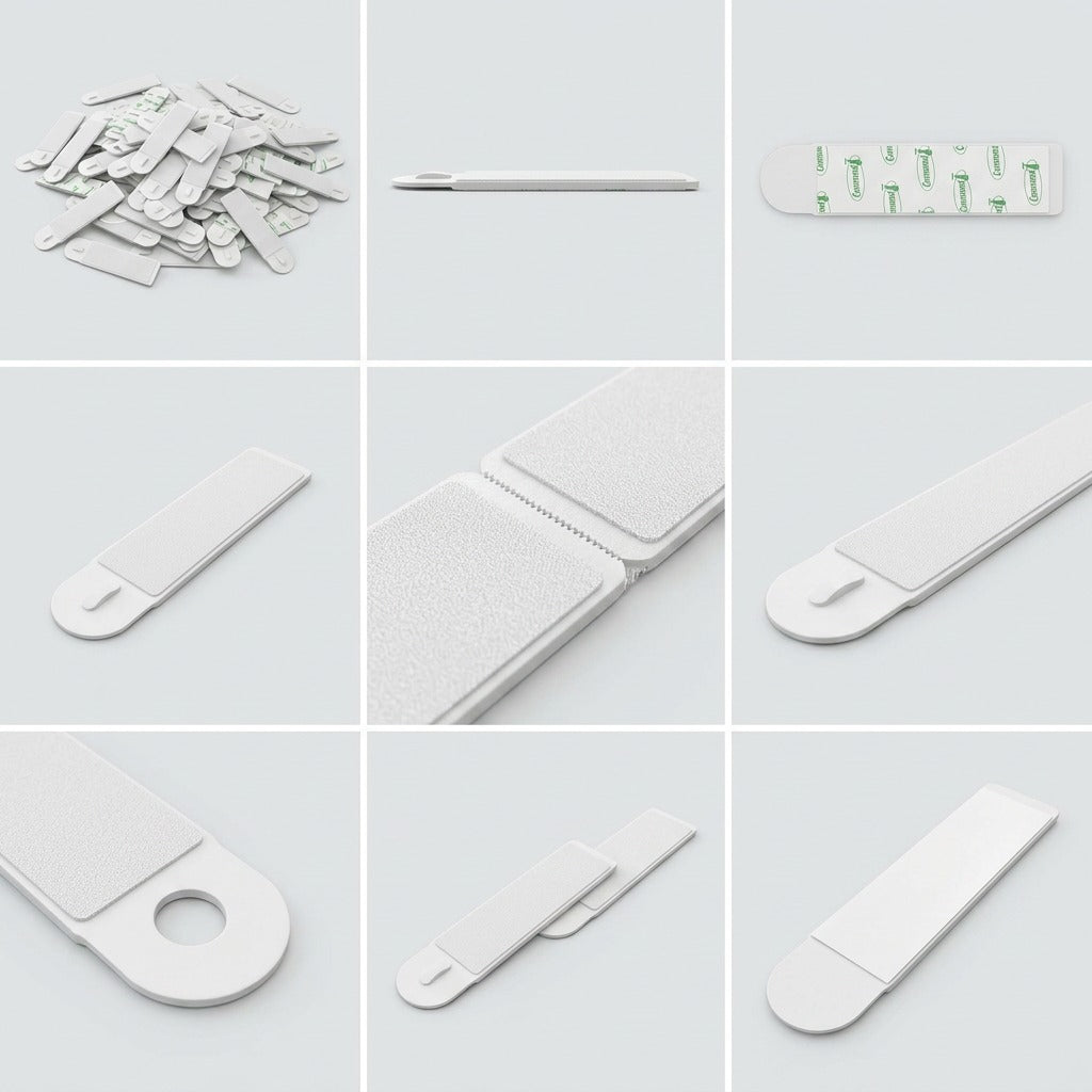 A matrix of nine clean studio product shots from various angles of the white Command Medium Picture Hanging Strips.