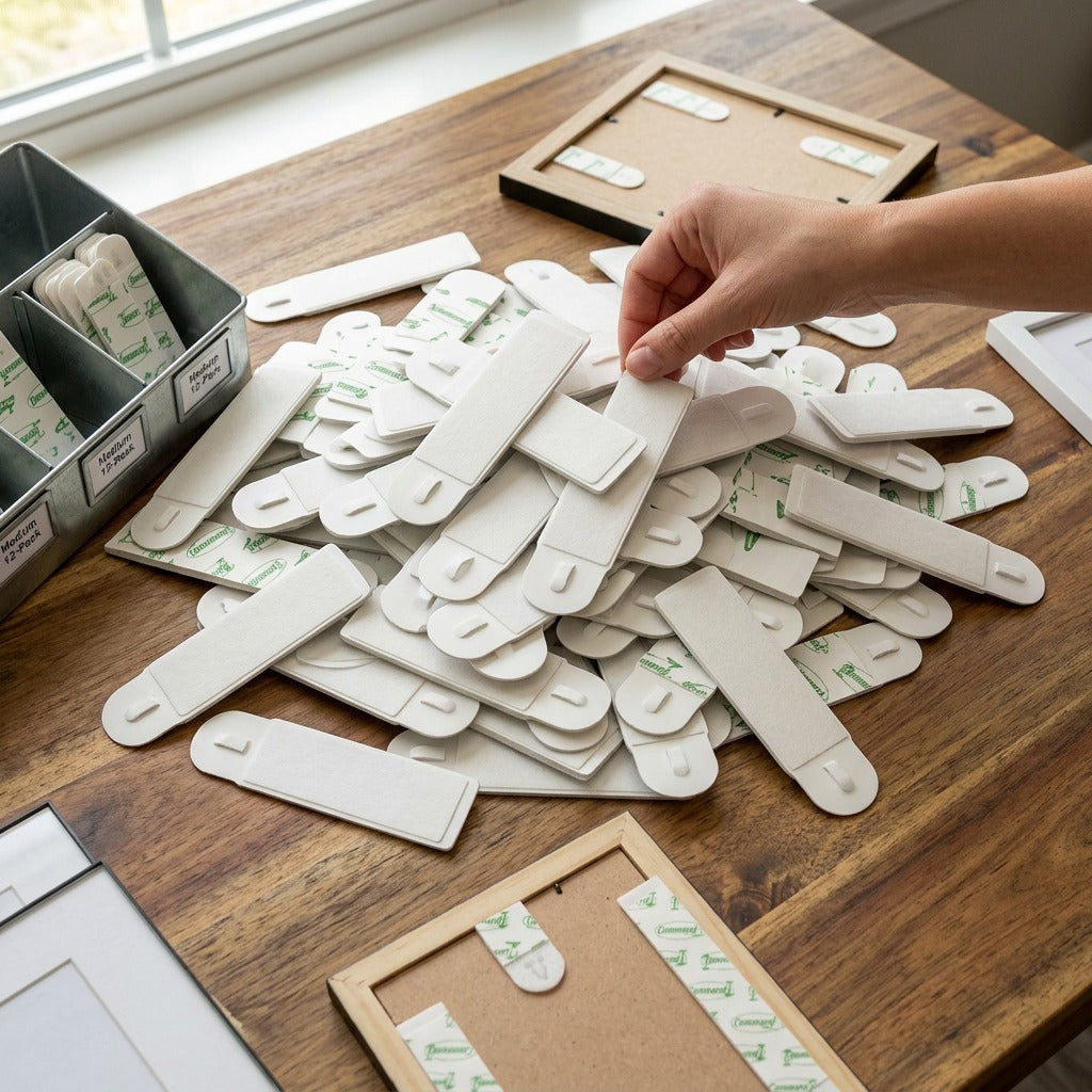 A flatlay of a bulk pack (132 strips) of Command Medium Picture Hanging Strips on an acacia wood table, ready to sort for organizing and decorating projects.<ctrl46>A flatlay of a bulk pack (132 strips) of Command Medium Picture Hanging Strips on an acacia wood table, ready to sort for organizing and decorating projects.