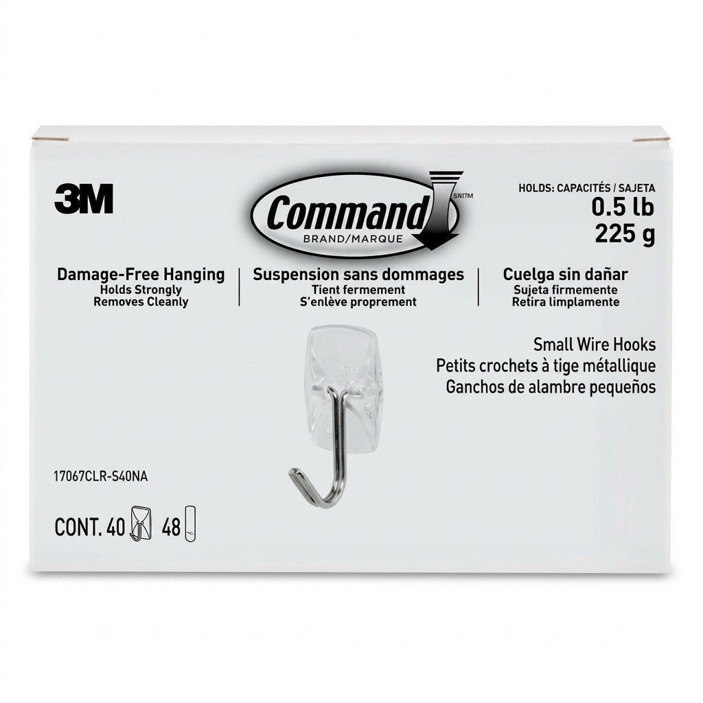 A high-resolution product shot of a clear Command small wire hook on a pure white background.