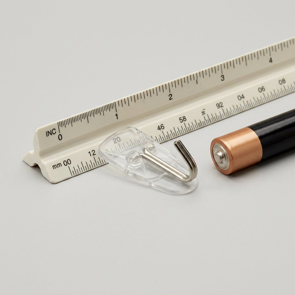 A photograph of a single 3M Command Small Wire Hook from image_0.png with its clear mounting base and metallic J-hook, positioned on a light gray architectural scale ruler next to a standard AA battery.