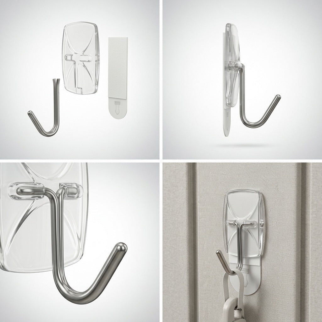 A matrix image of 3M Command Small Wire Hooks, displaying the clear hook from multiple angles (front, back, side, profile).