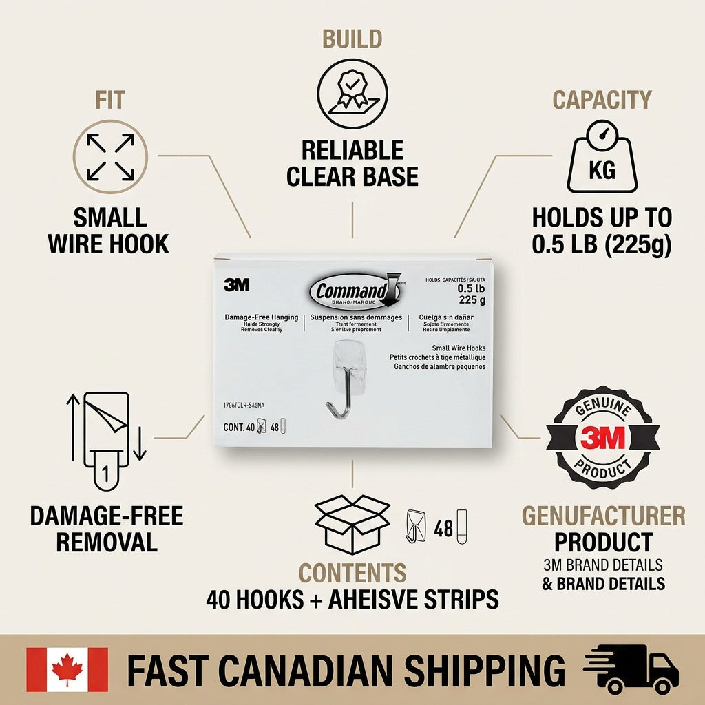 Infographic with a Command Small Wire Hooks 40-pack and confidence-building factual cues.