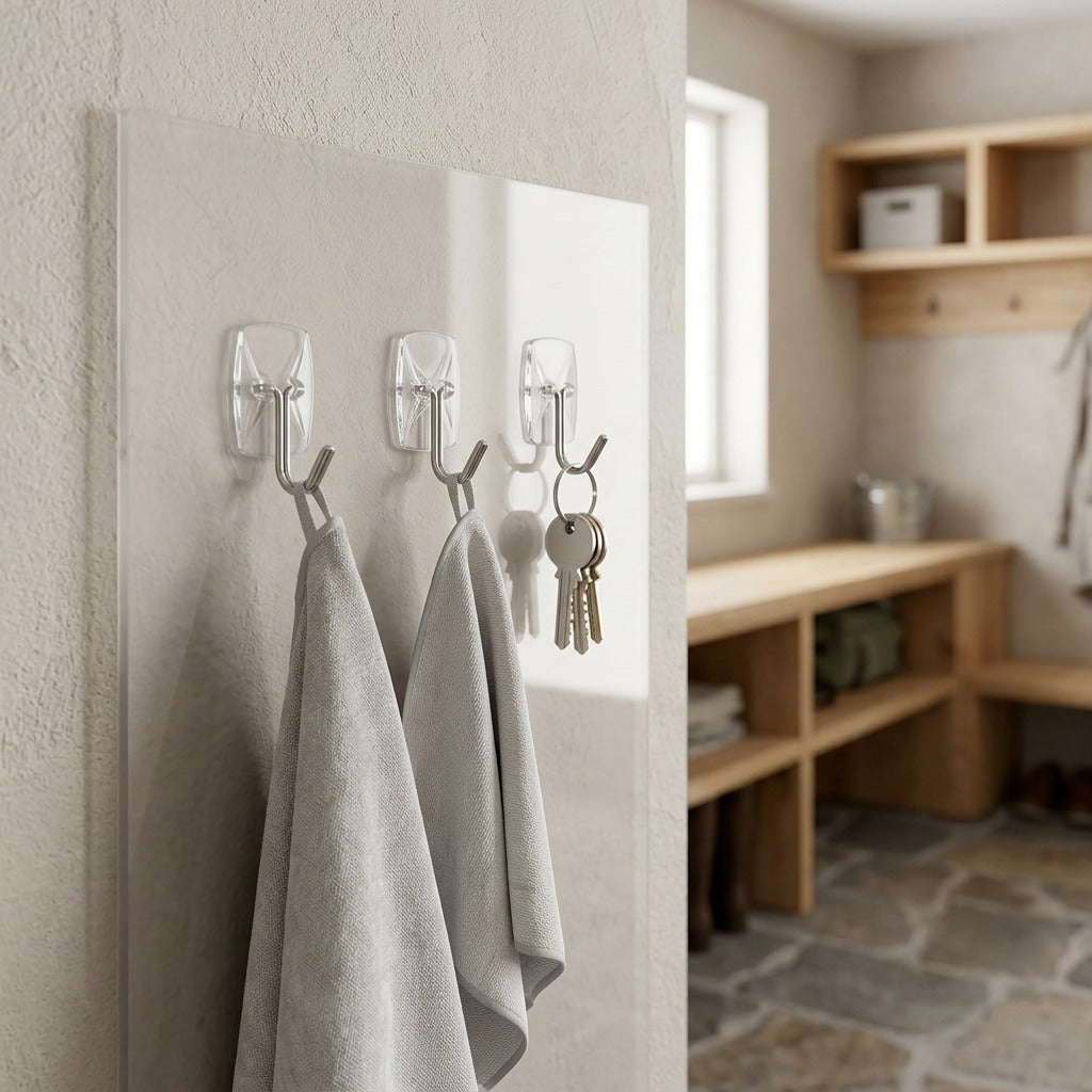A photograph shows several 3M Command Small Wire Hooks mounting kitchen towels and keys on a clear plastic surface.