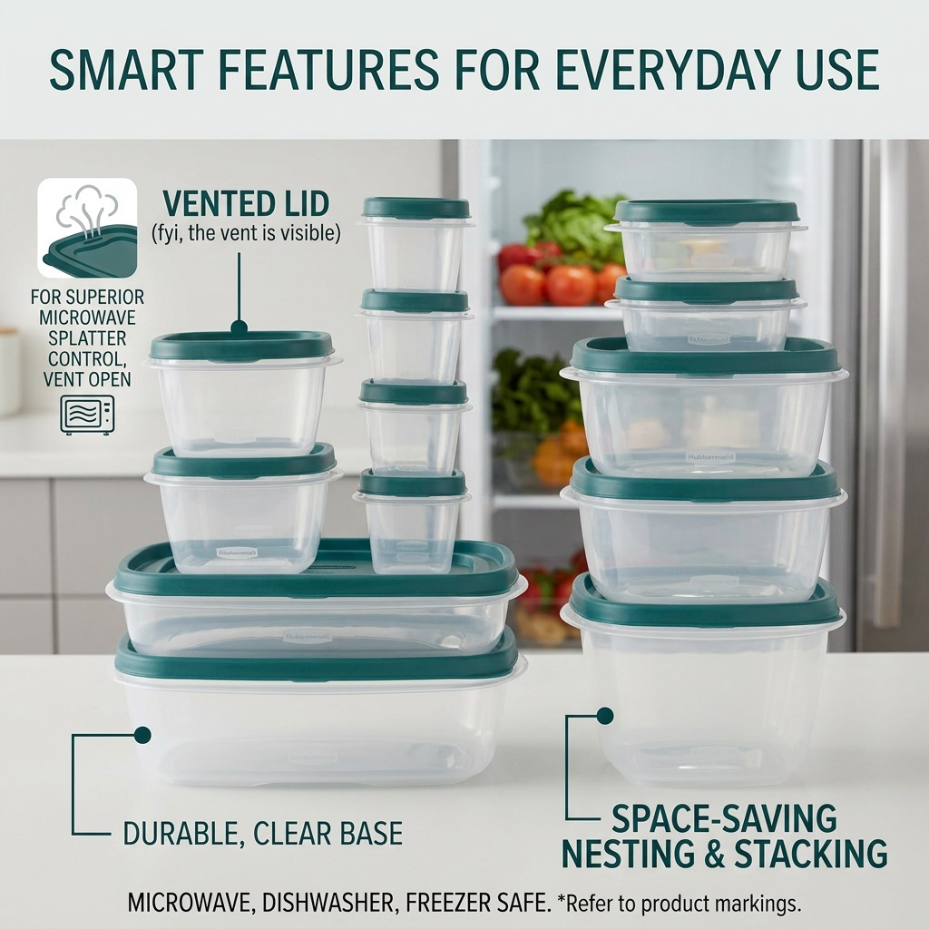 A stacked and arranged 26PC food storage set on a kitchen counter, with icons highlighting vented lids, nesting, and a durable clear design.