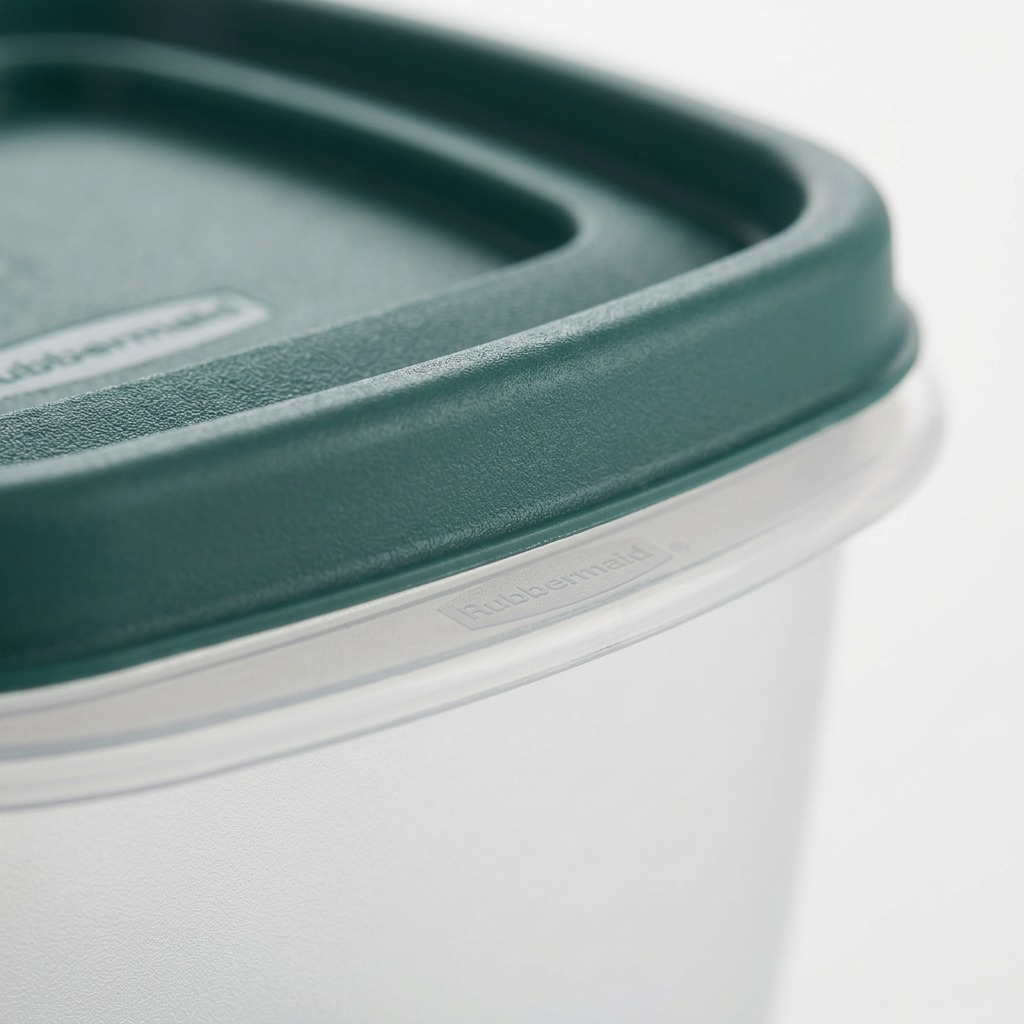 Extreme macro of textured teal lid and rim with faint Rubbermaid logo as shown in image_0.png.