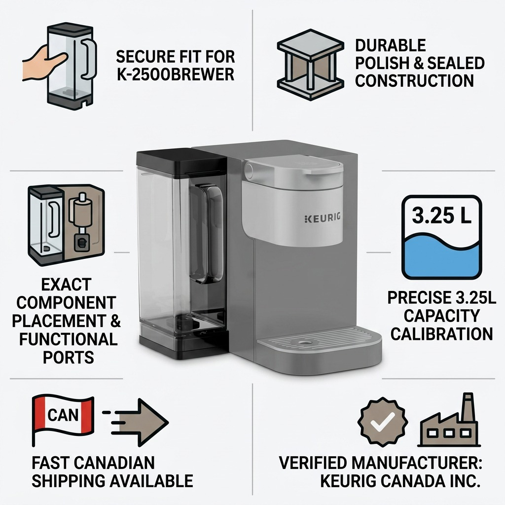 A detailed informative graphic focusing on the accurate 3.25L Keurig K-2500 reservoir with trust icons.