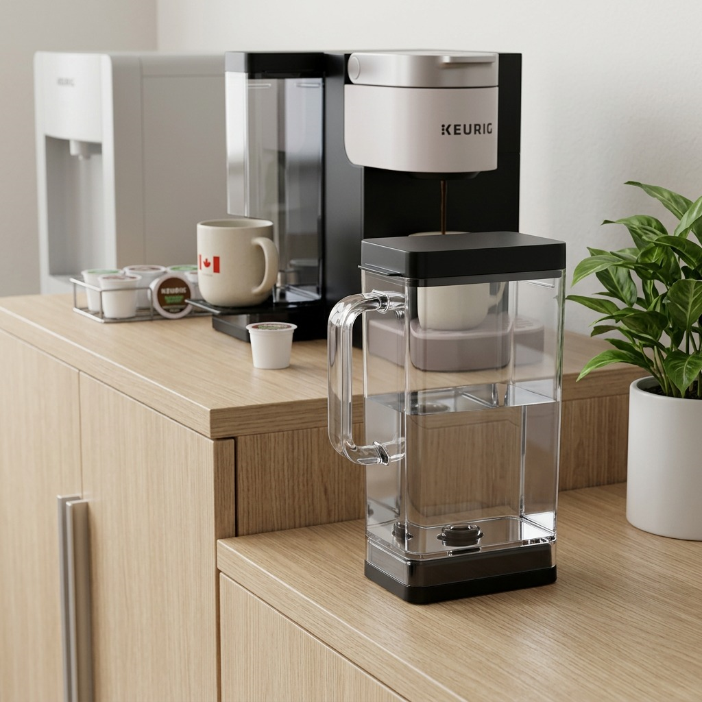 Keurig K-2500 3.25L water reservoir on a conference breakroom side table, with a coffee cart and plant.