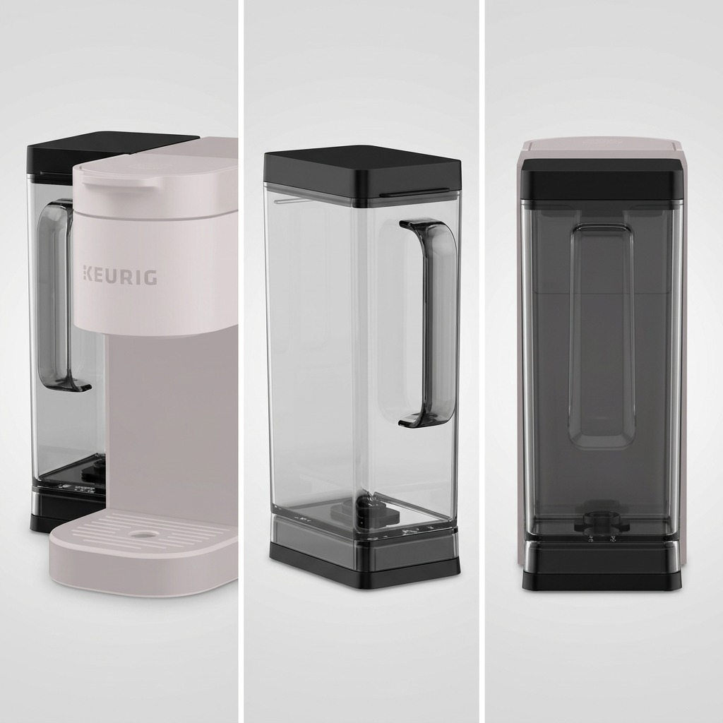 PDP matrix shows three angles of the 76-38571 Keurig K-2500 clear 3.25L water reservoir and base on a neutral background.
