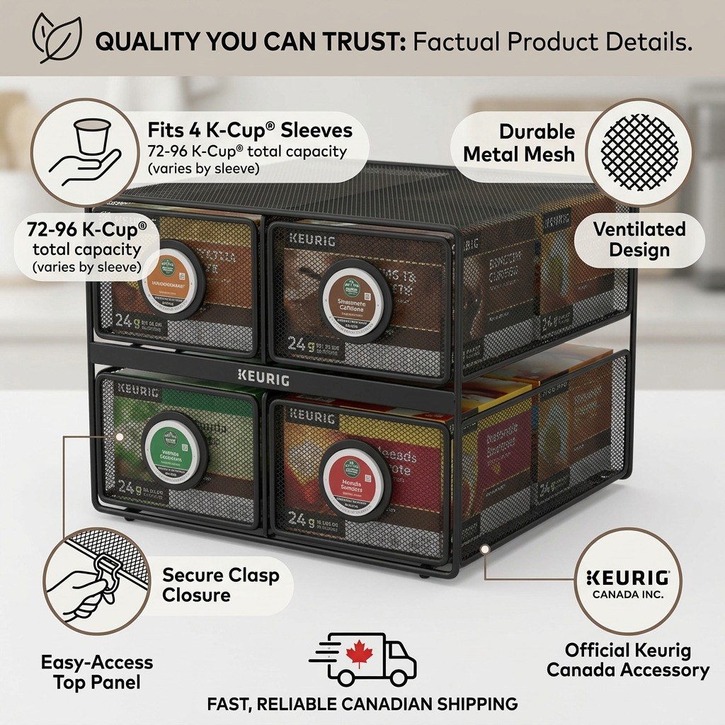Confidence-building visual matrix for the Keurig Mesh 4 Sleeve Storage Rack, featuring factual icons.