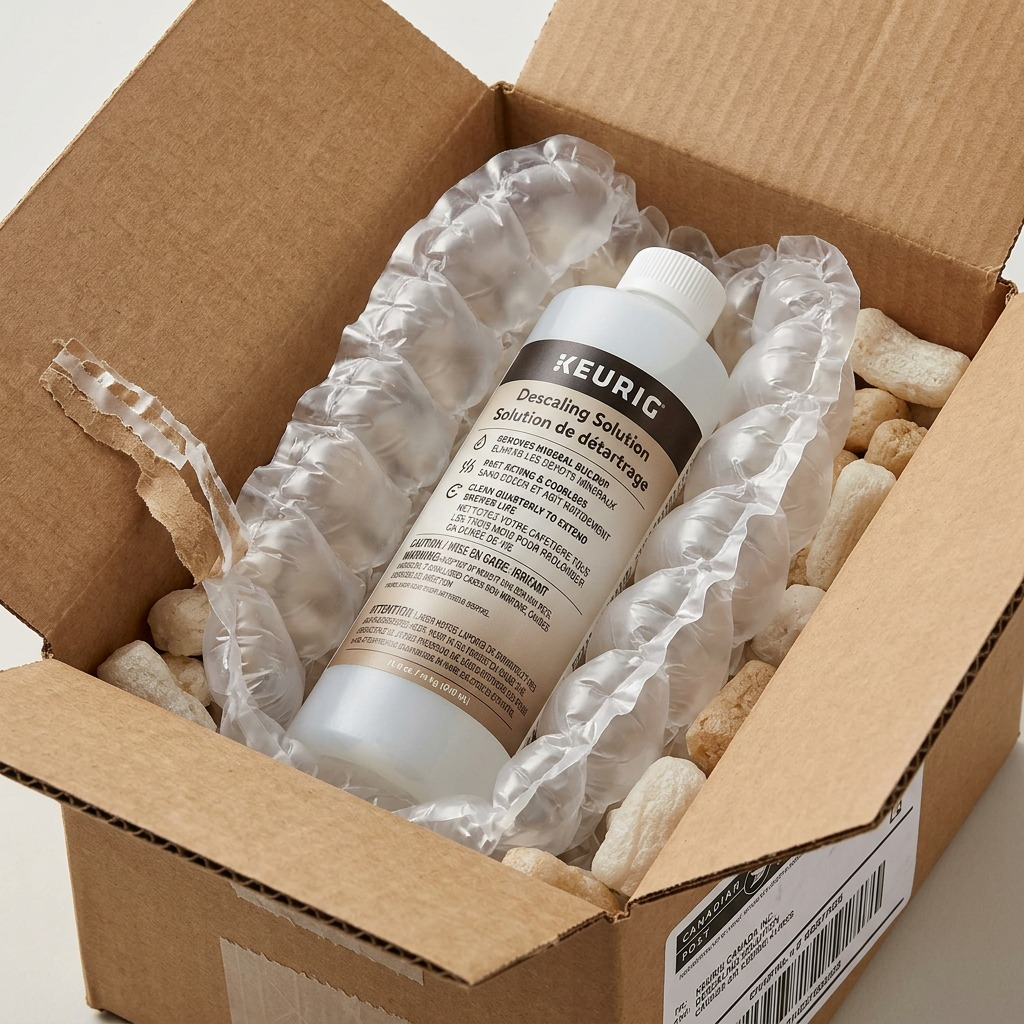 A photograph of the Keurig descaling solution bottle, with its original label, resting securely inside protective bubble wrap and a sturdy shipping cardboard box, implying safe delivery.