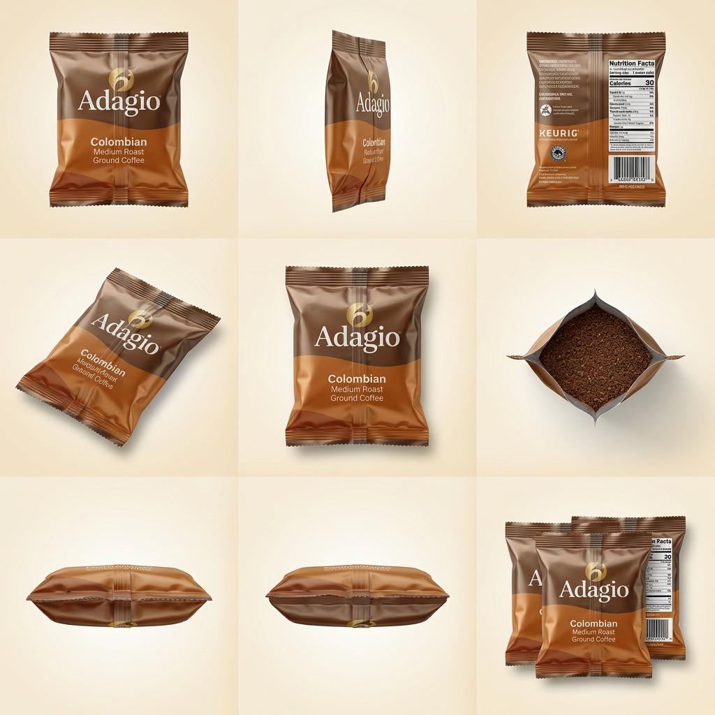 A grid displaying the canonical coffee portion pack from multiple angles and positions, showcasing front, back, side, top, and a stacked configuration.
