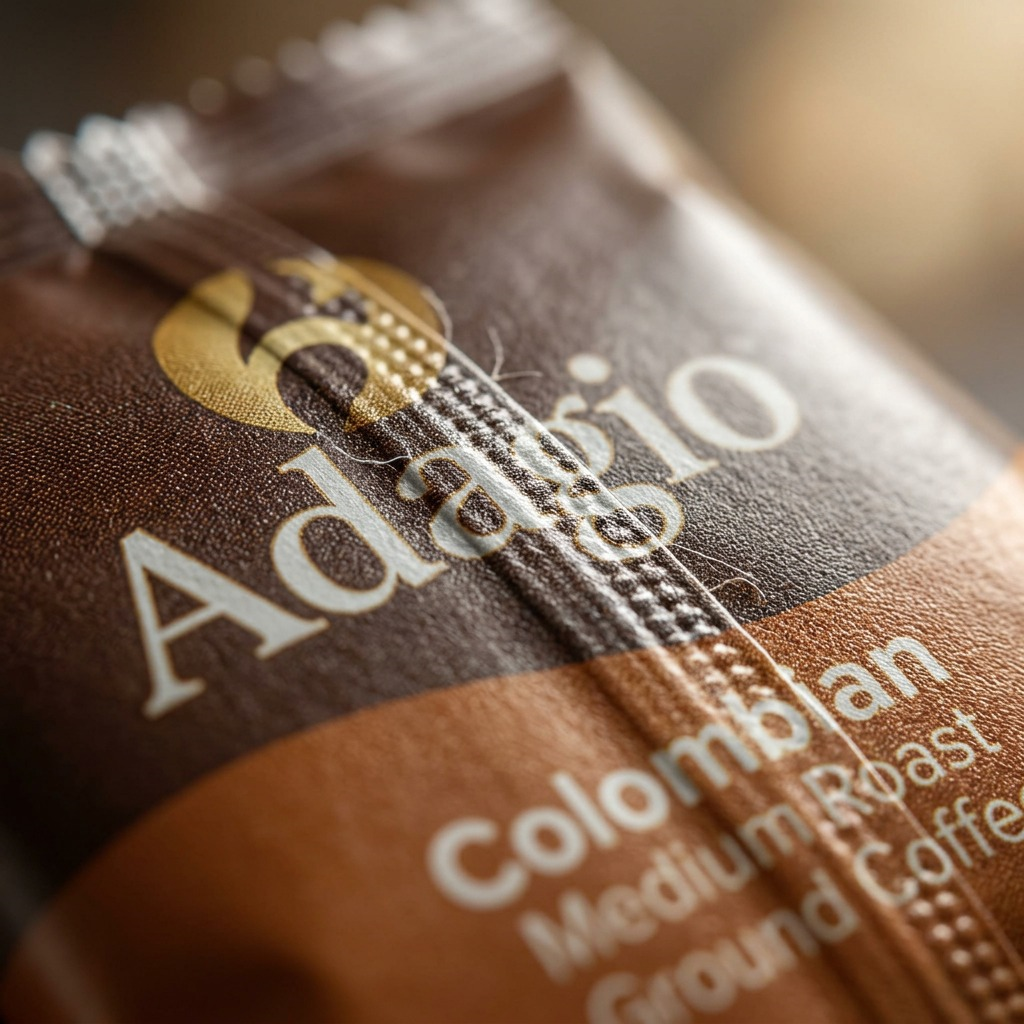 Macro view of Adagio coffee packet seam, highlighting heat-sealed texture and metallic film laminate.