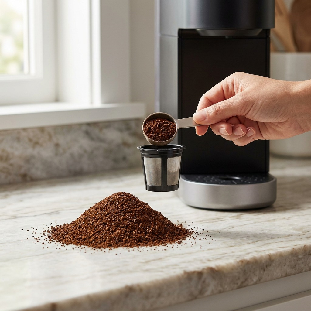 Adagio ground Colombian coffee on a kitchen counter, scooped for brewing.