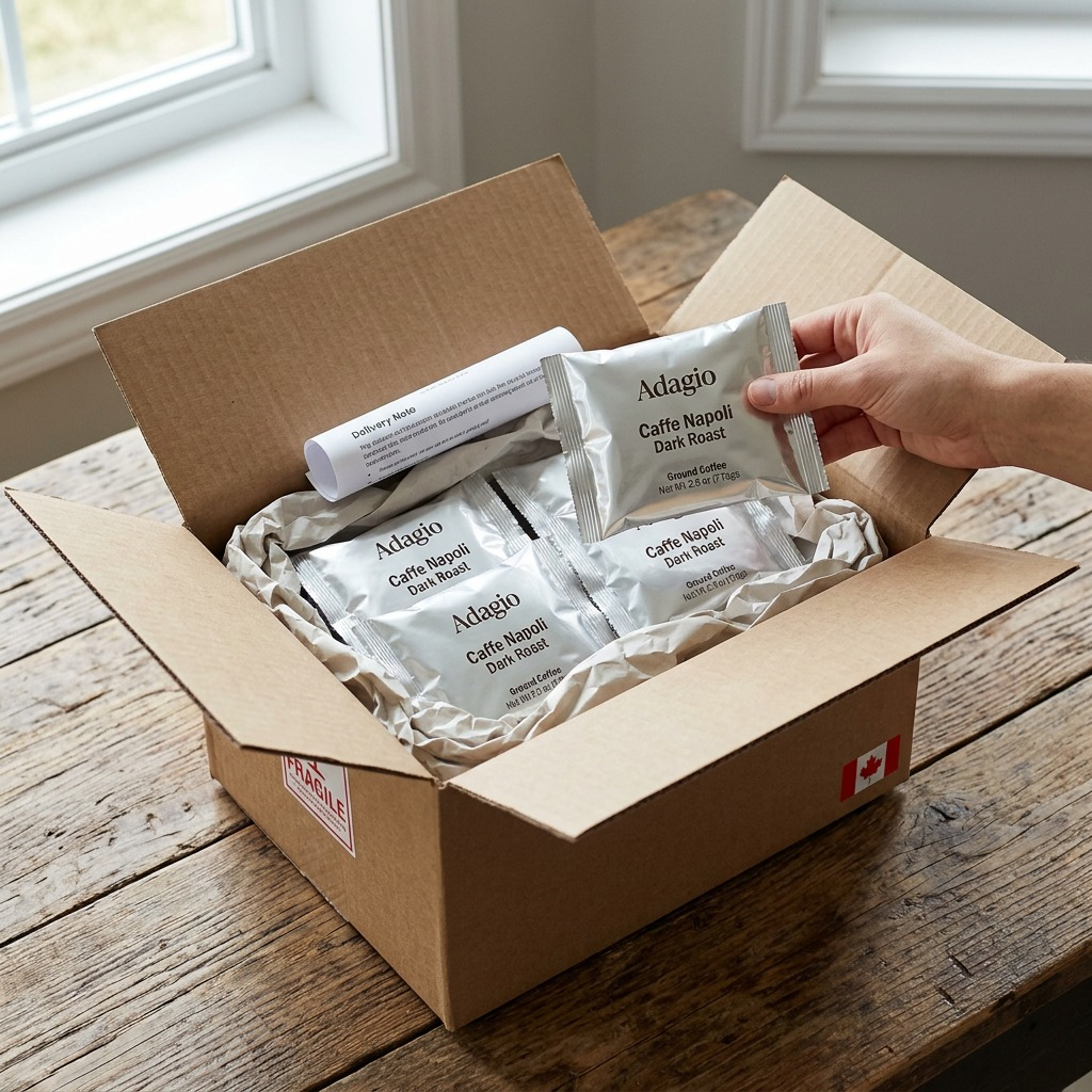 A rustic wooden table with an open shipping box containing protected Adagio coffee pouches from Keurig.