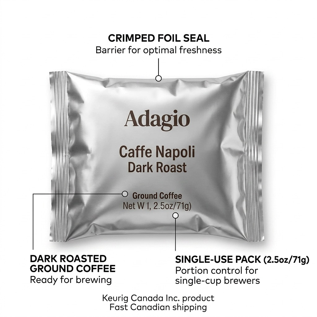 Keurig Canada Adagio Napoli coffee packet with feature callouts and benefits.