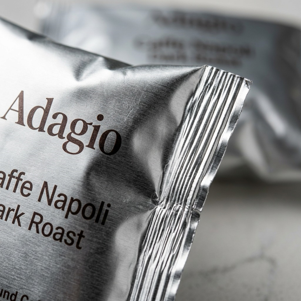 Macro shot of the metallic foil product pouch focusing on the heat-sealed edge and precise, small text printing.