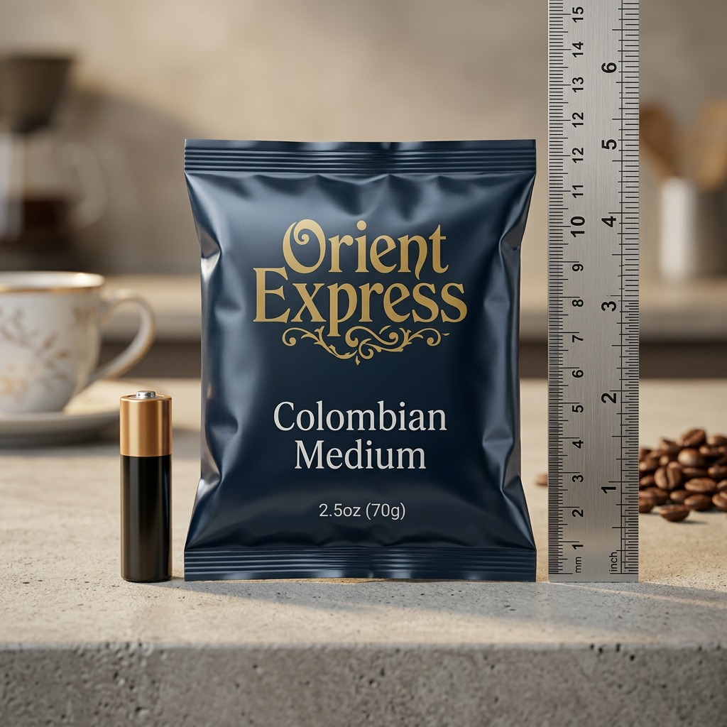 A PDP image showing the 2.5oz Orient Express coffee packet next to a standard AA battery for scale, on a clean, light surface.