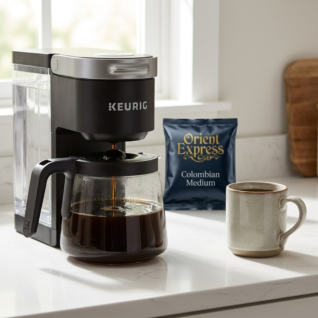 The Orient Express coffee filter pouch lies open next to a mug, with fresh coffee being brewed into an adjacent carafe.