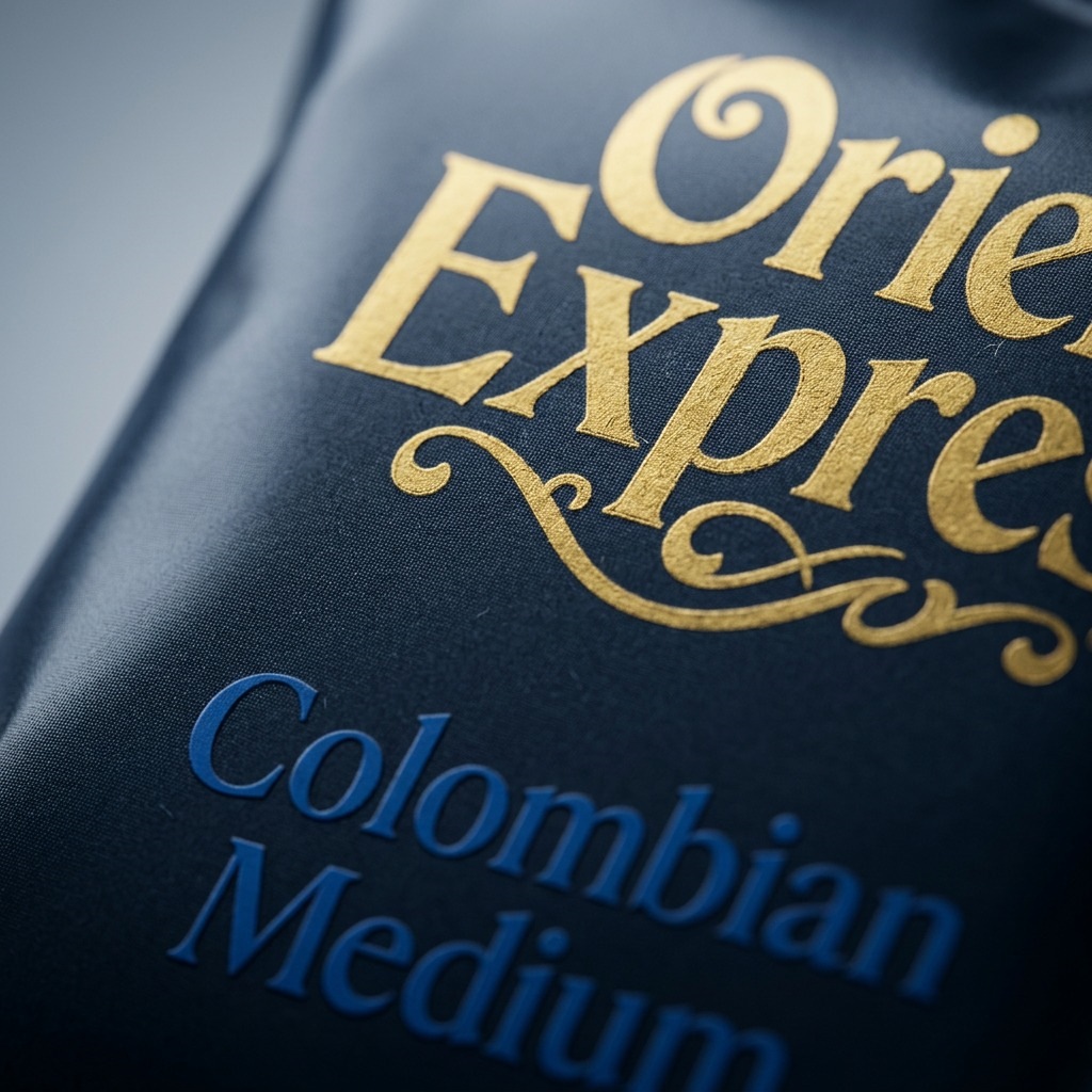 Macro photo detailing the rich texture, color, and gold lettering on the Orient Express coffee pod.