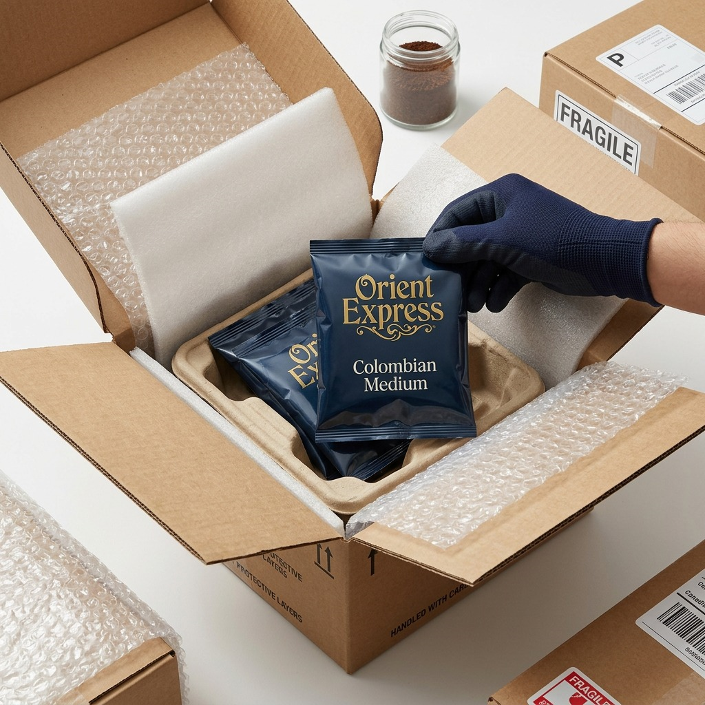 Unboxing Orient Express coffee: Secure original packaging in protective shipping materials with fast Canadian delivery markers.