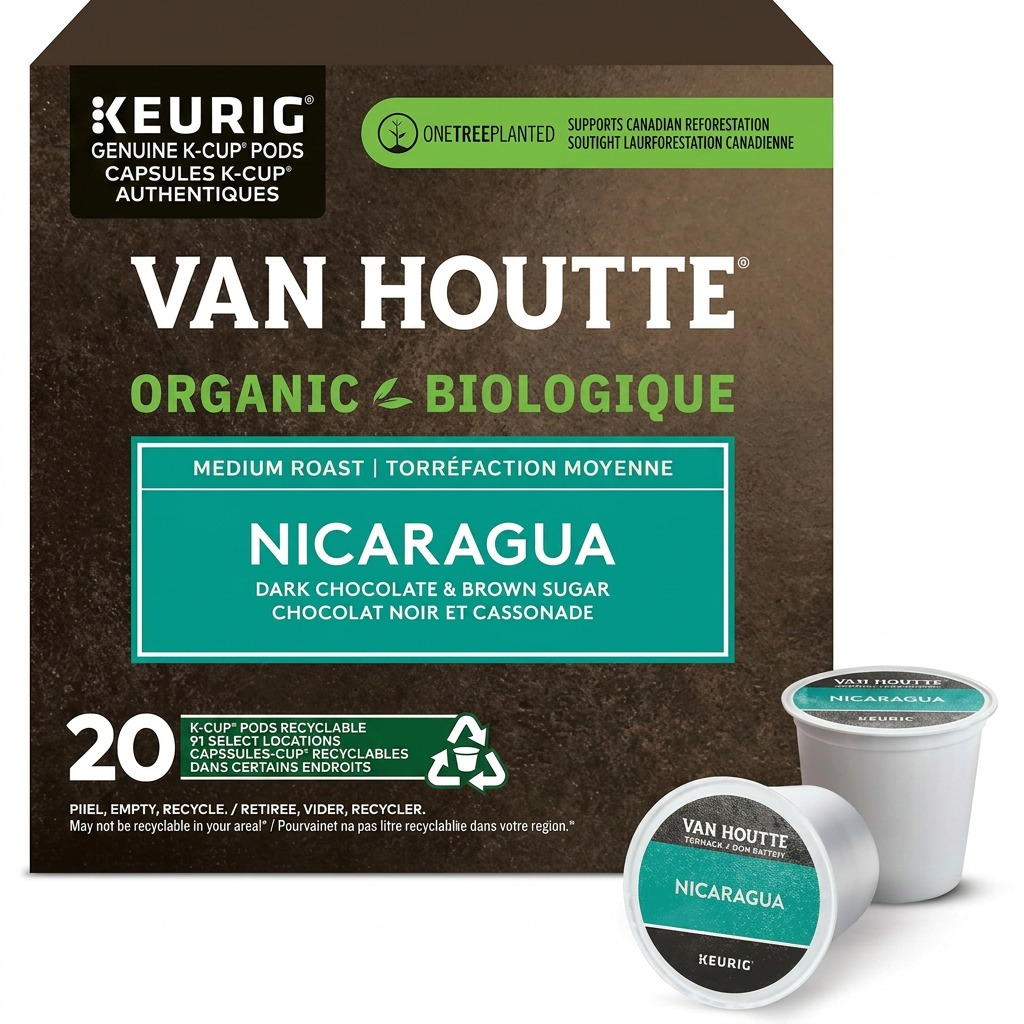 A premium high-resolution ecommerce hero shot on a pure white background, featuring the Keurig Van Houtte Nicaragua Organic Medium Roast 20-count box and a single K-Cup pod with precise branding, clear colors, and realistic lighting, as seen in the reference image.