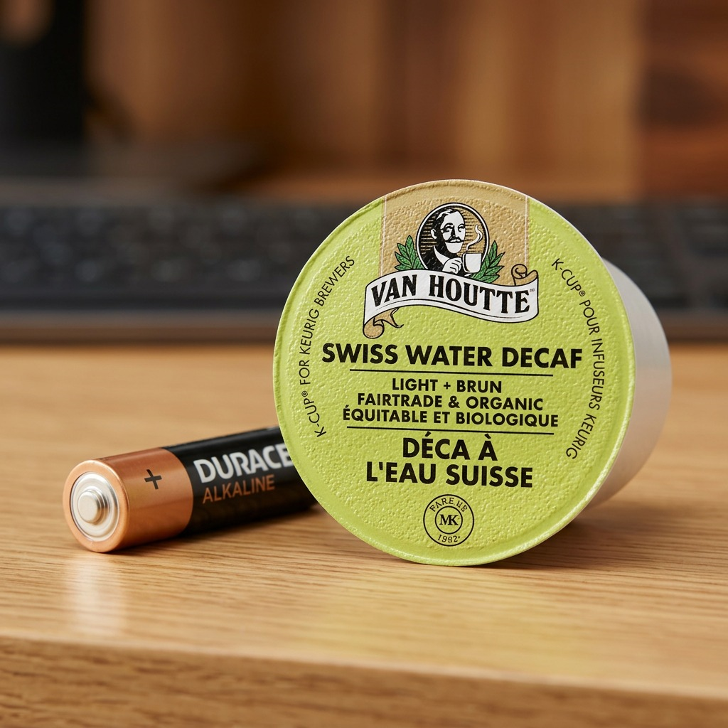 A photo-realistic image showing a white Van Houtte K-Cup next to a standard AA battery for scale.