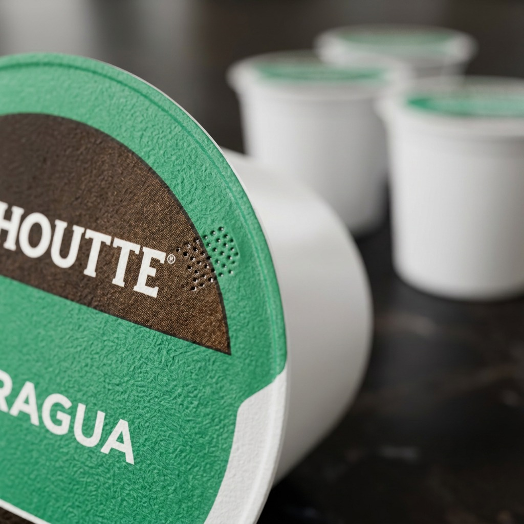Macro close-up of a Van Houtte K-Cup pod, showcasing lid textures, clean edge cut, and machine puncture pattern.