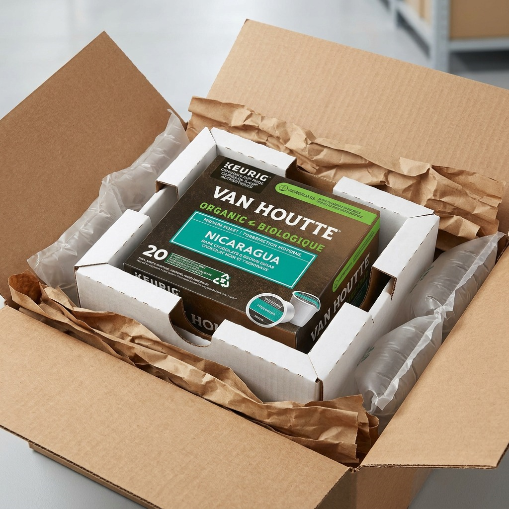 Scene of the Keurig Van Houtte Nicaragua Organic coffee box and pods secured within protective shipping packaging.