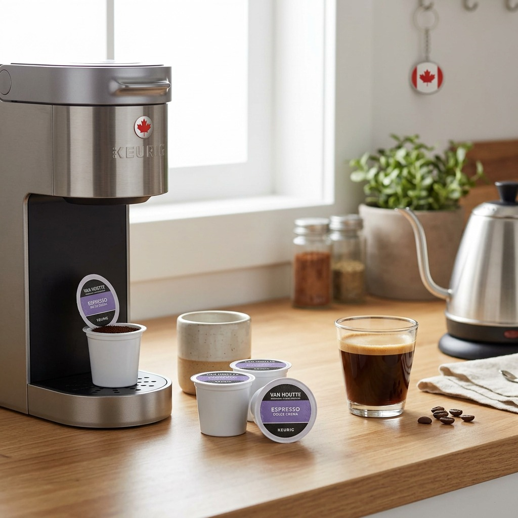 A photo of an espresso machine and cup next to Van Houtte K-Cup capsules on a wooden countertop.