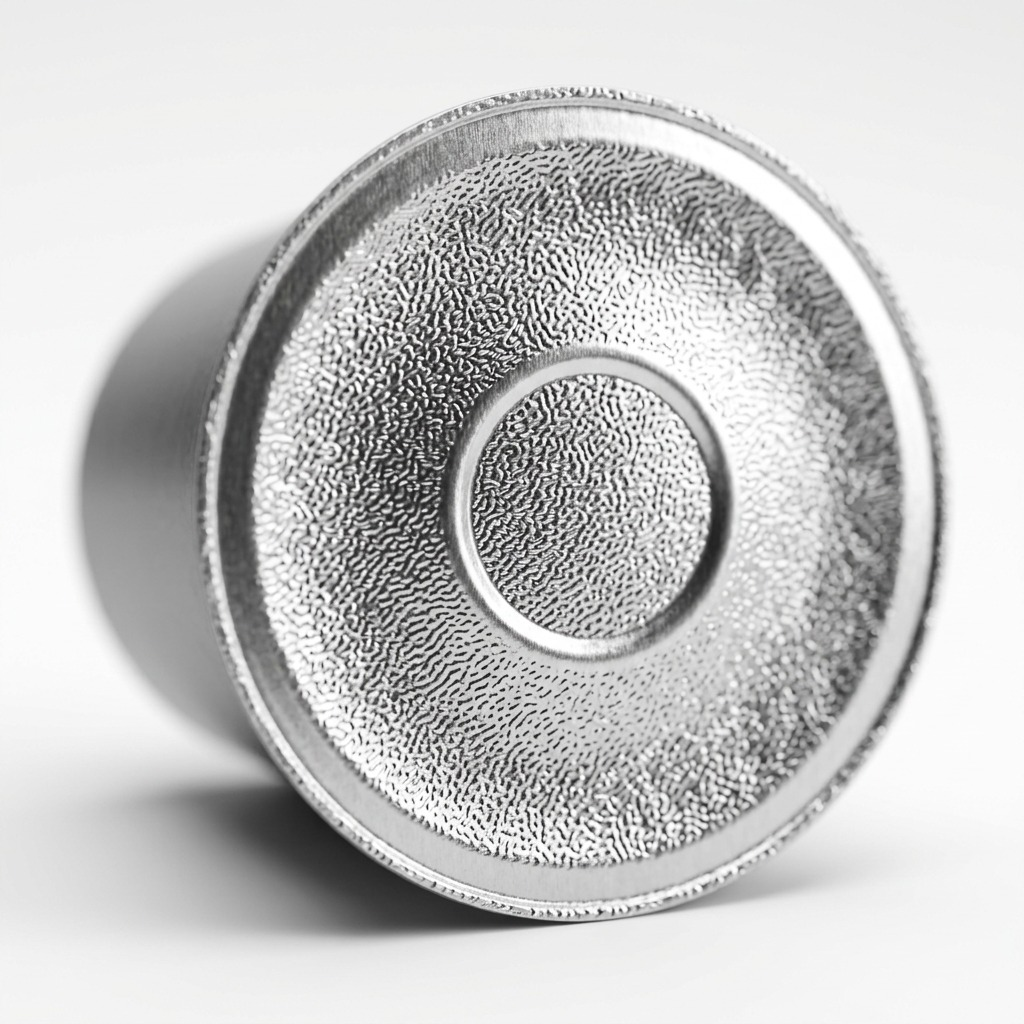Extreme close-up macro photograph of a Lavazza Crema e Gusto K-Cup pod's aluminum foil lid texture.