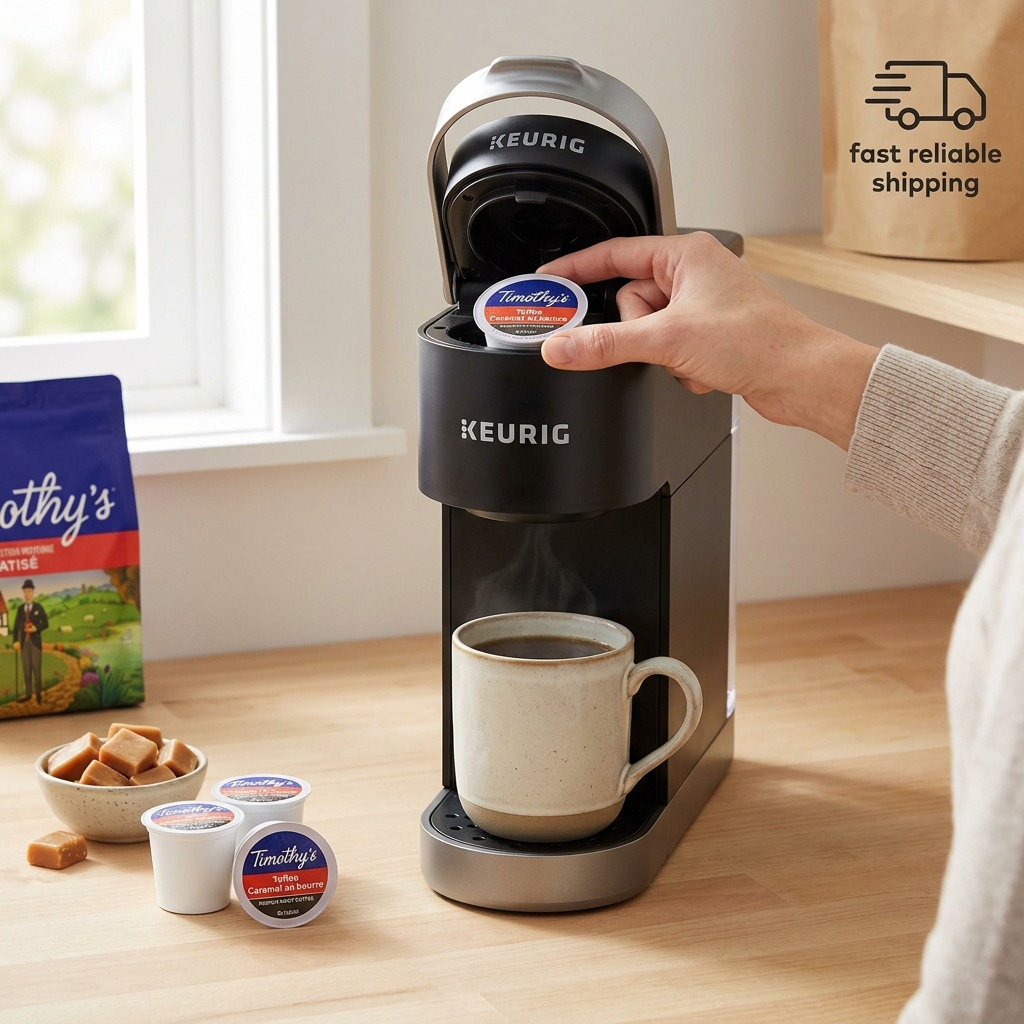 Scene of inserting genuine Timothy's Toffee K-Cup into a Keurig, next to a mug, showing use.