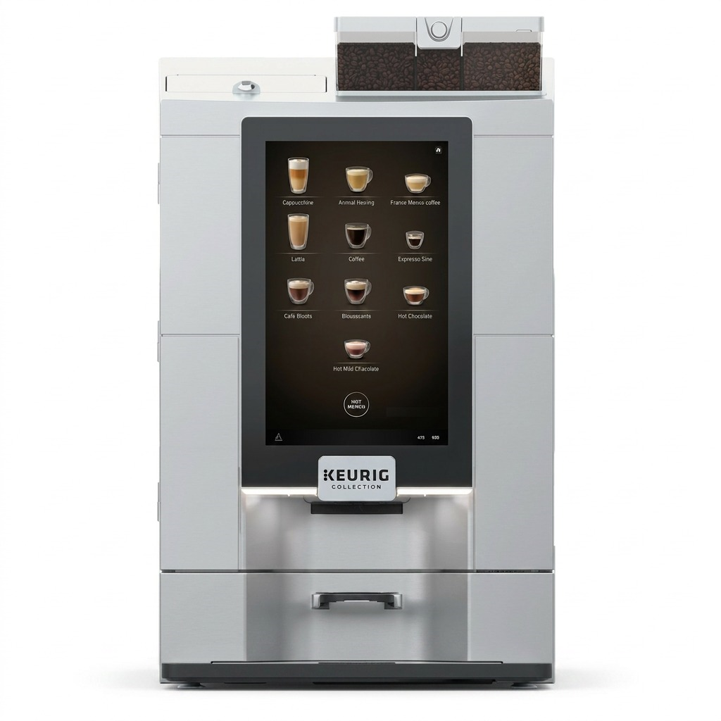 A high-resolution product shot of the stainless steel Keurig Eccellenza Momentum commercial coffee machine with its large touchscreen display.