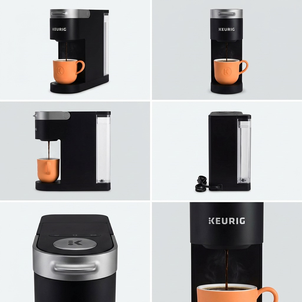 A clean product matrix showing multiple angles of the Keurig K-Slim coffee maker from image_0.png in various views.