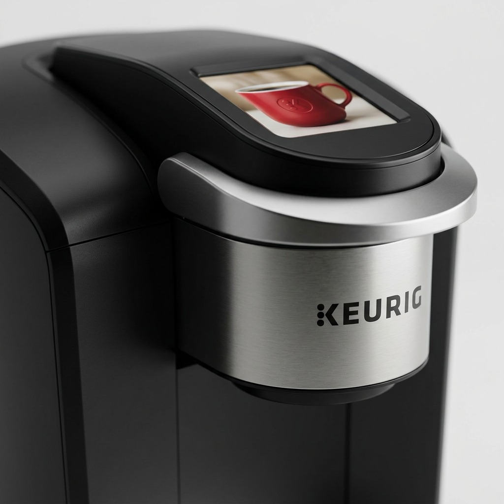 A macro photo of the Keurig K3550's brew head and display, highlighting brushed metal and touchscreen details.