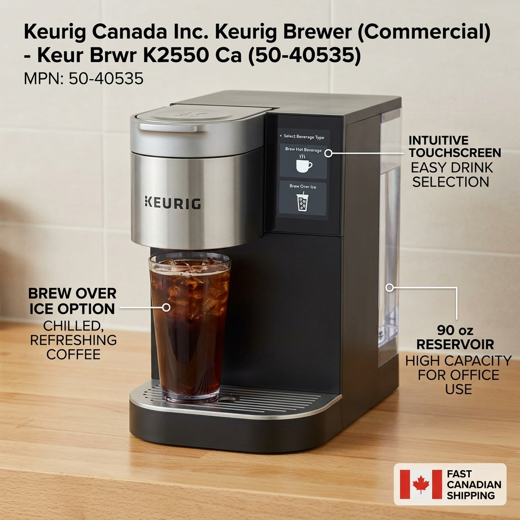 An operational feature graphic for the Keurig K2550 Brewer, pinpointing the touchscreen menu, 'Brew Over Ice' function, and large 90oz water reservoir.