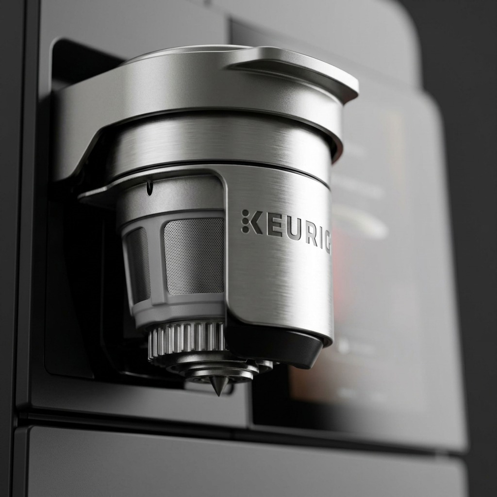 Close-up macro shot of the stainless steel Keurig K4500 brewer showing texture and precision details.