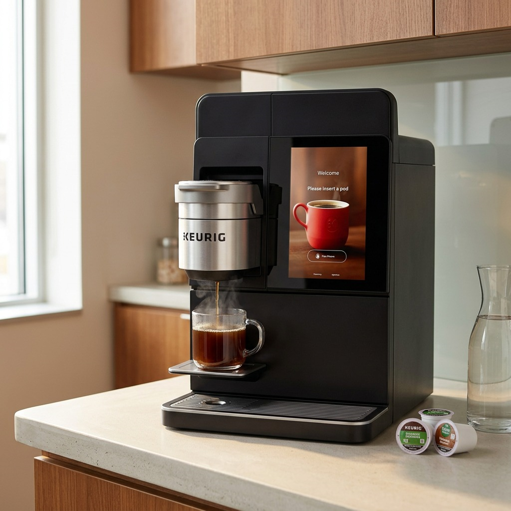 A lifestyle image showing the visual reference Keurig K4500 coffee maker on a clean breakroom counter, actively steaming into a clear mug, with pods nearby.