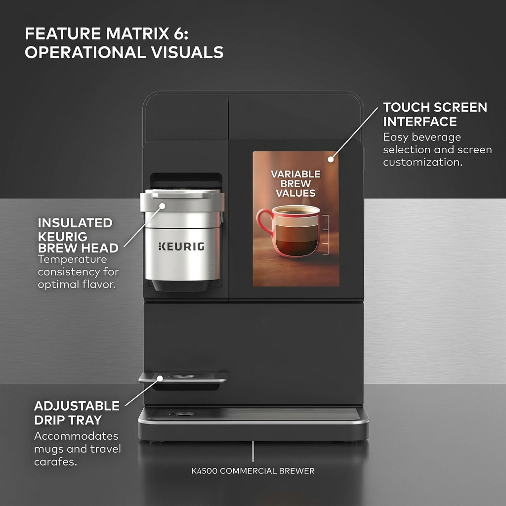 Feature callout image for the Keurig K4500 coffee brewer, highlighting the touch screen, brew head, and drip tray in a clean ecommerce style.