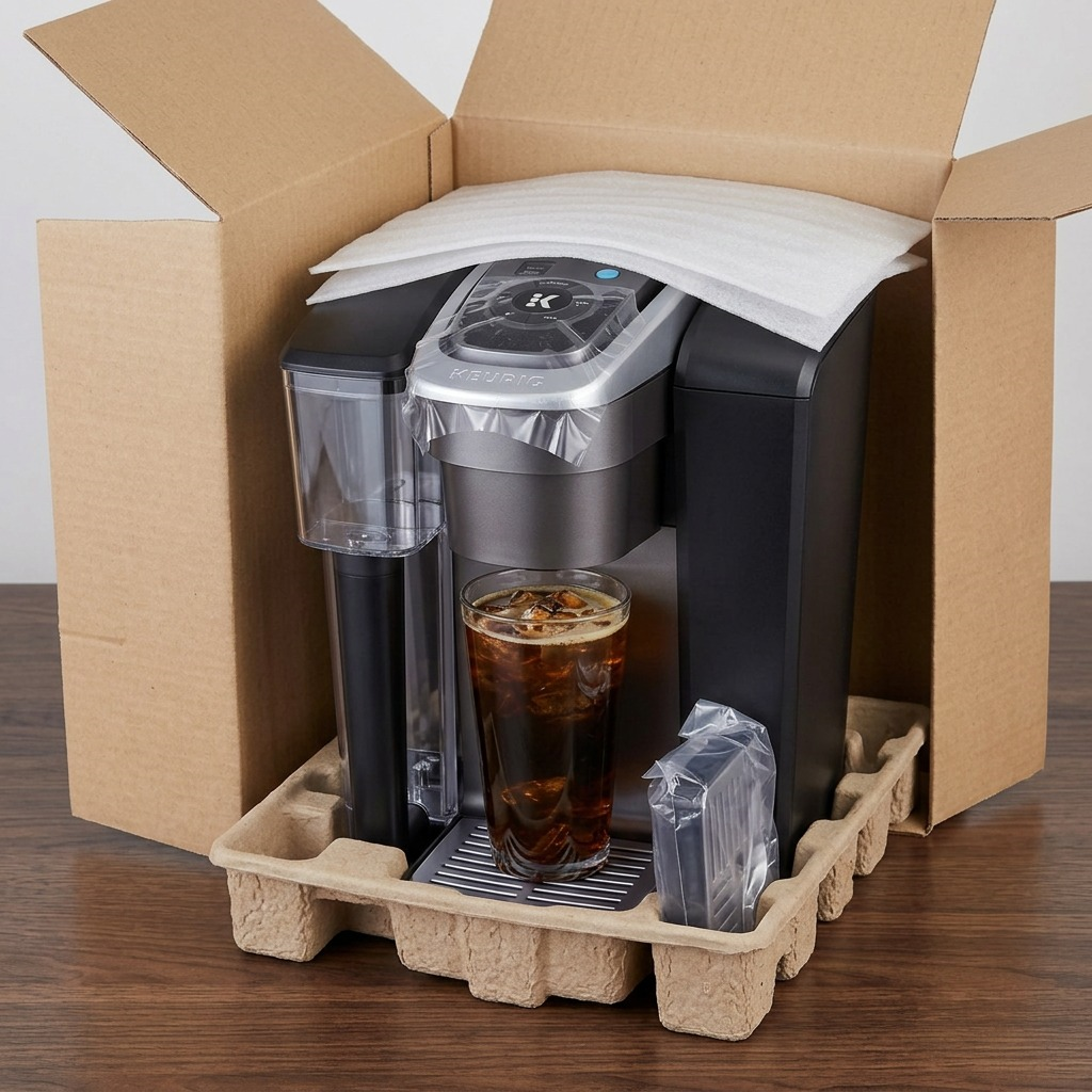 Unboxing a Keurig K1550 Commercial Brewer on a wooden table, showing custom-molded pulp inserts.