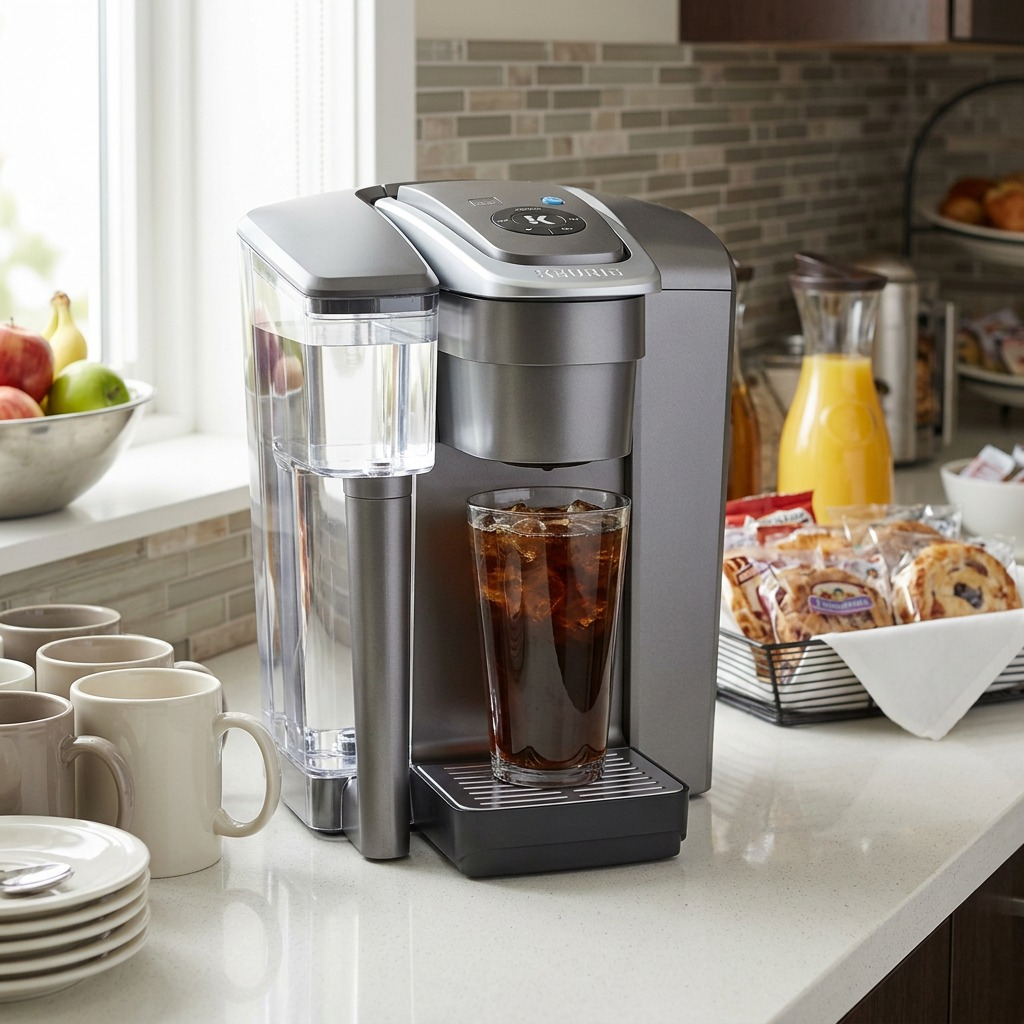 A Keurig K1550 commercial coffee brewer on a hotel continental breakfast station countertop.