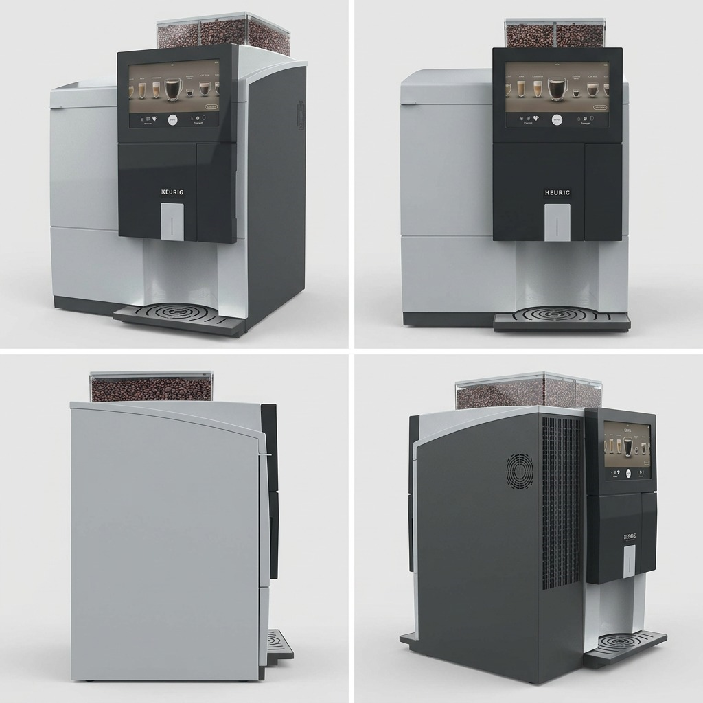A four-panel product matrix grid featuring the Keurig Eccellenza Touch brewer from various perspectives on a clean, light grey background.