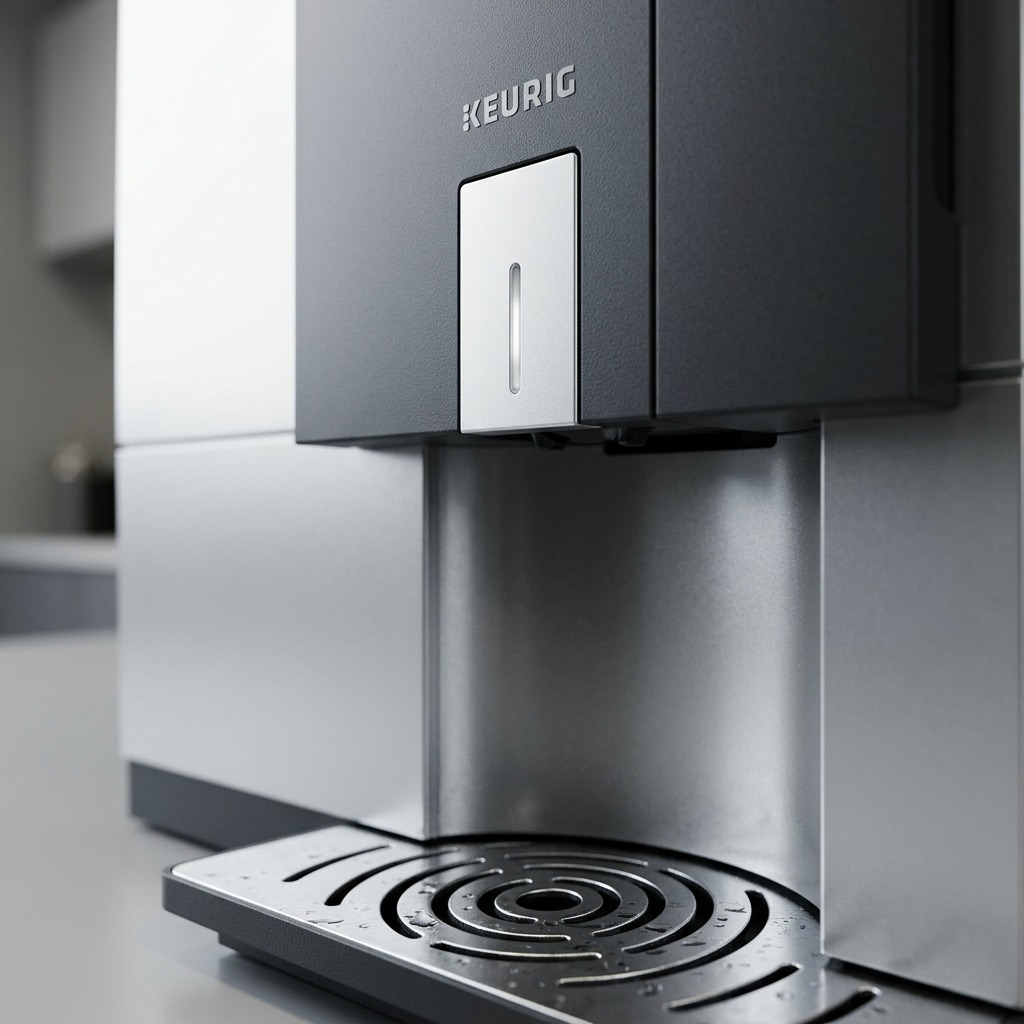 Macro photo detailing the Keurig Eccellenza Touch brewer's metal textures, spout, and logo.
