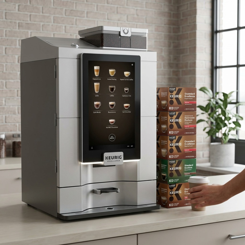 A photograph demonstrating the scale of the Keurig Eccellenza Momentum, a large commercial brewer, standing beside an office desk and a stack of standard-sized Keurig K-Cup boxes for clear size comparison. The product, as seen in the reference image, features its full-face touchscreen display and metallic body, positioned in a modern workspace.