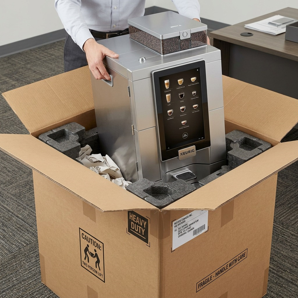 Photo of the Keurig Eccellenza Momentum brewer, identified by its touchscreen and logo, safely nestled within neutral, custom-molded protective foam in an open shipping box.