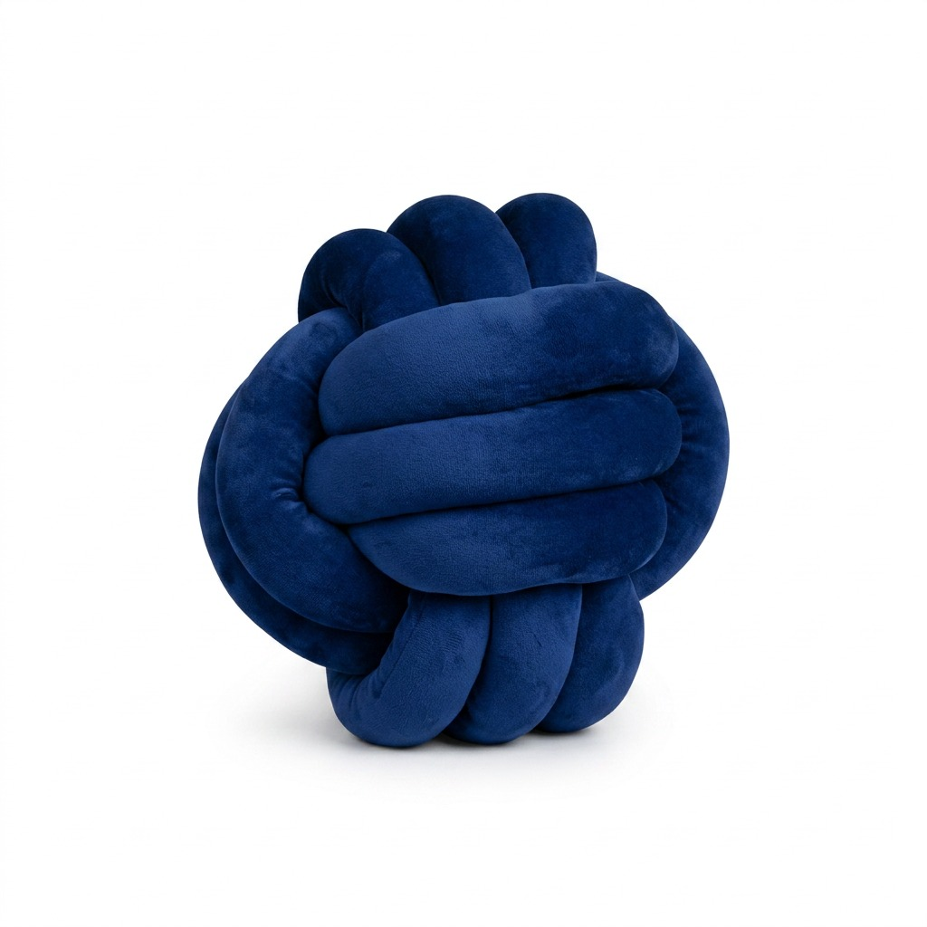 A steel blue, velvet knot-style sensory toy by fdmt, isolated on a white background.