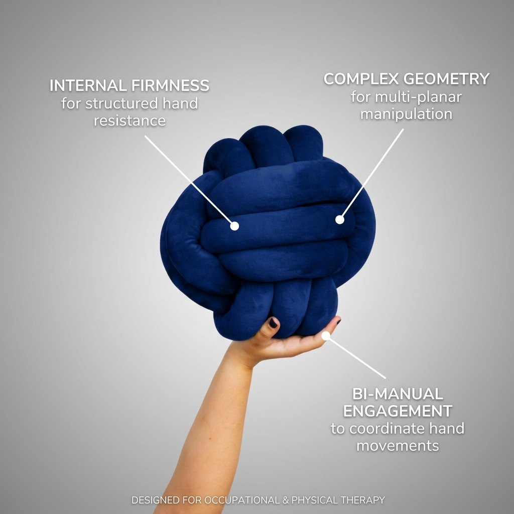 fdmt Cuddle Ball - Steel Blue being held, featuring operational feature callouts and descriptions.