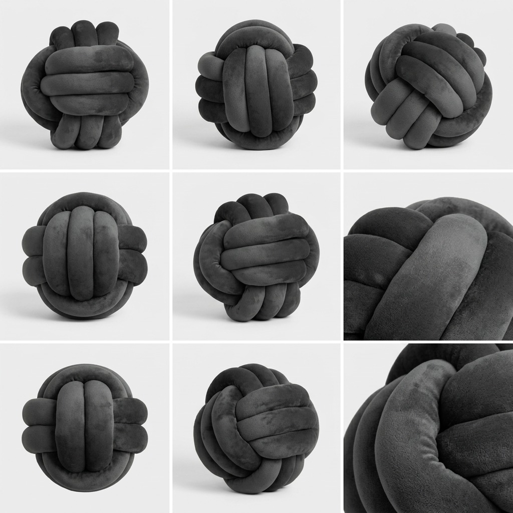 A grid displaying the fdmt Cuddle Ball in granite, illustrating its size comparison to adult hands, with consistent color and material.