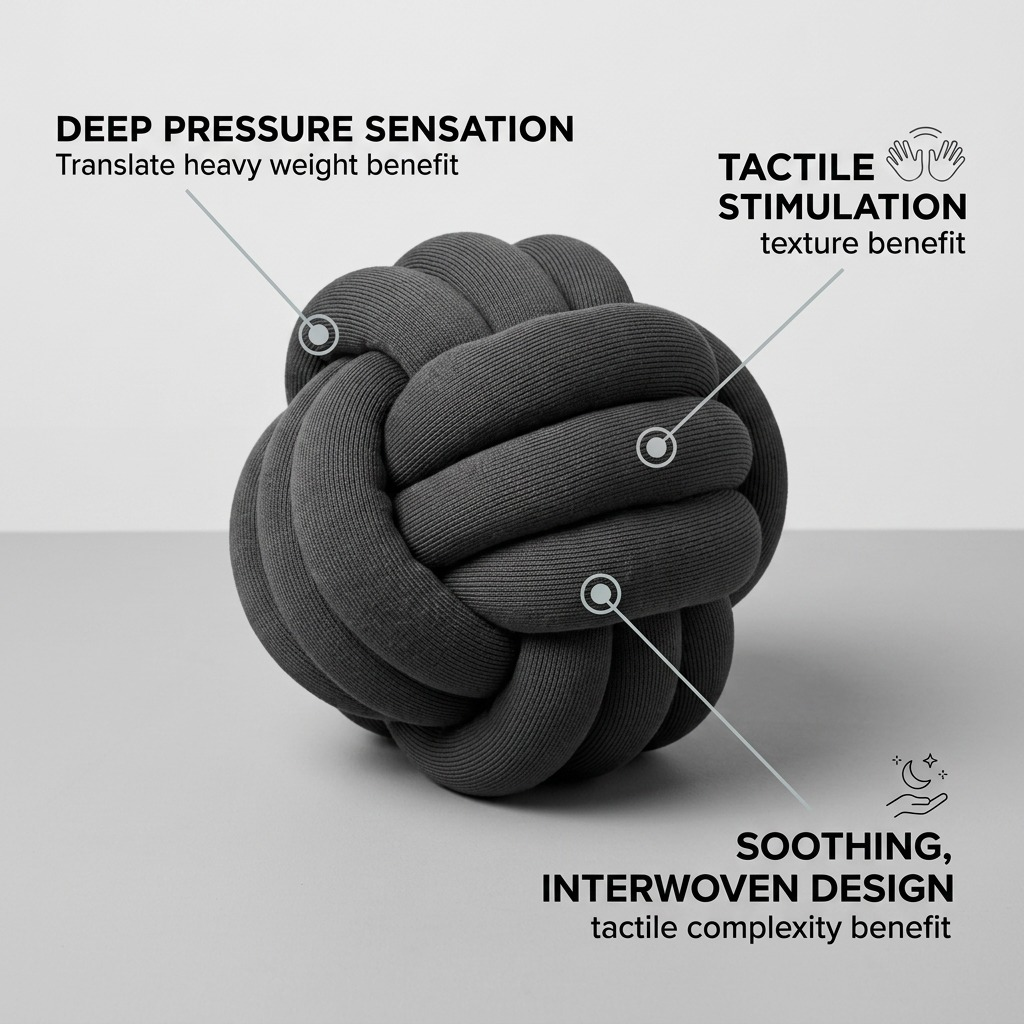 An ecommerce callout image highlighting features of the Cuddle Ball - Granite, translating technical specifications to benefits like deep pressure, tactile stimulation, and a soothing, interwoven design.