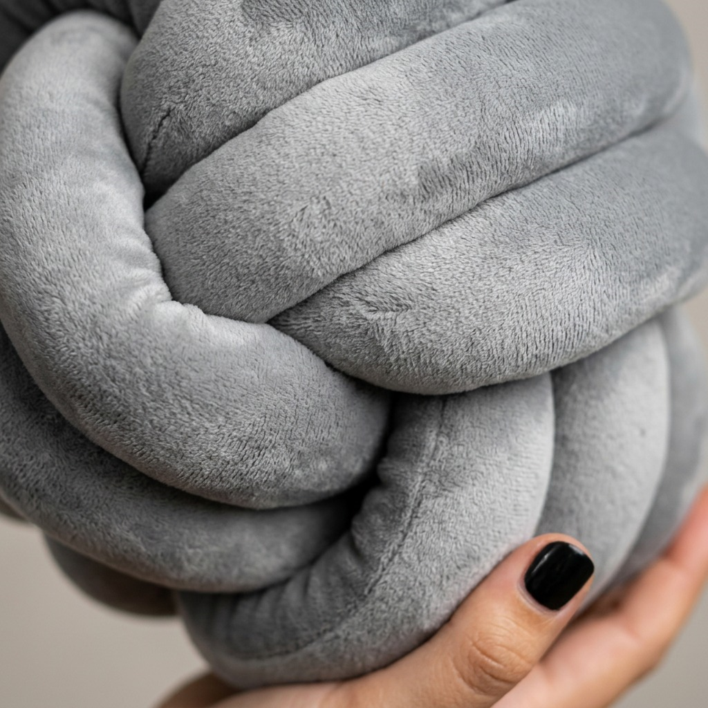 Macro photograph focusing on the plush, velvety texture and intertwined design of the grey Cuddle Ball.