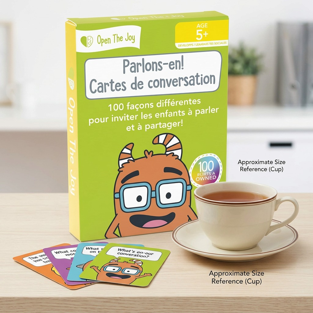 A scale reference photo showing the fdmt Parlons-en! conversation card box standing on a desk beside an object, like a teacup.